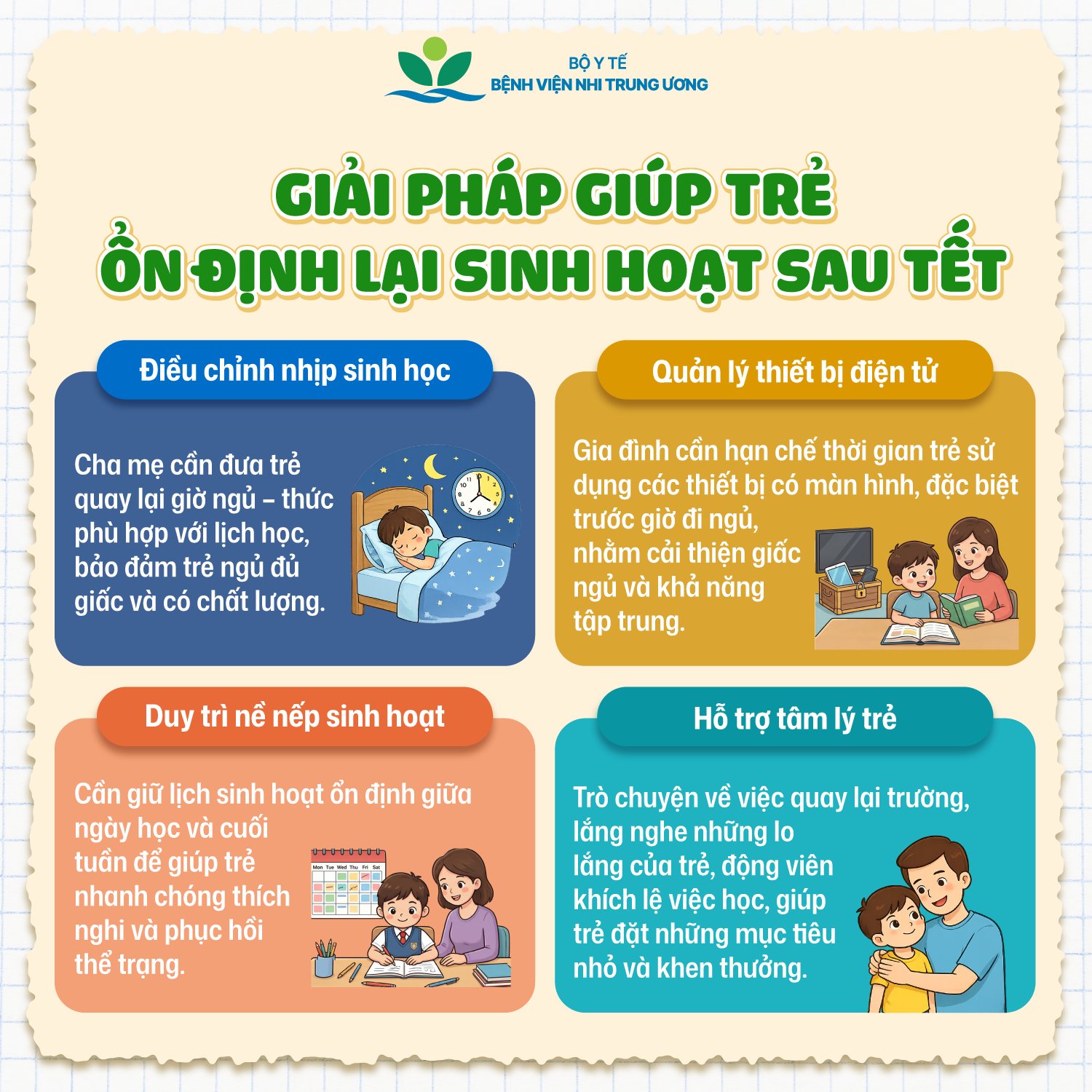 Việc xây dựng thói quen sinh hoạt khoa học giúp trẻ nhanh chóng ổn định sau Tết.